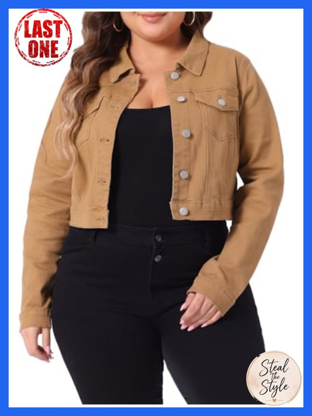 Plus Size Button Closed Cropped Denim Jacket Stitching